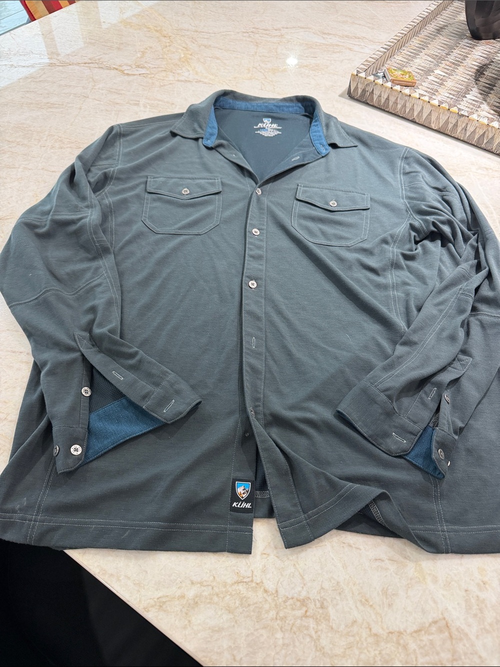 Kuhl Men's Slate Green Lightweight Button-Up Shirt Jacket with Blue Trim